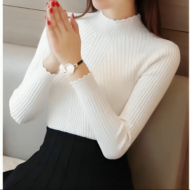 Mulonu® Women Mock Neck Ruffles Sweater Long Sleeve Knitted