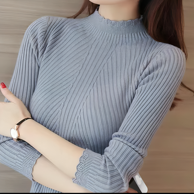 Mulonu® Women Mock Neck Ruffles Sweater Long Sleeve Knitted