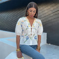 Mulonu® Women Floral Print & Short Sleeves V-neck with Lace Up Blouse