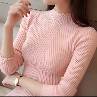 Mulonu® Women Mock Neck Ruffles Sweater Long Sleeve Knitted