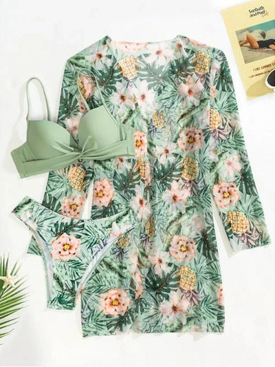 Mulonu® Three-Piece Bikini Set with Beach Skirt: Ruffle Biquini Bathing Suit for Summer Beach Wear