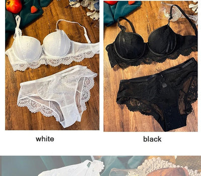 Mulonu® Embroidery Sexy Underwear Set: Lace Brassiere, Deep V Push-Up Bra, and Panties