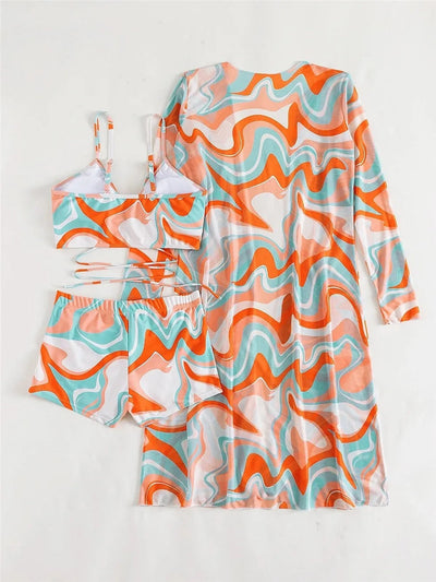 Mulonu® 2024 Bikini Set: Push Up Twist Print Swimsuit with Long Sleeve Cover Up