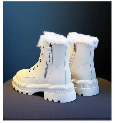 2024 Winter Chic: Plush Warm Black and White Snow Boots with Hard Sole - Stylish Flat Shoes for Women