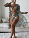 Mulonu® 2024 Bikini Set: Push Up Twist Print Swimsuit with Long Sleeve Cover Up