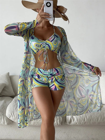 Mulonu® 2024 Bikini Set: Push Up Twist Print Swimsuit with Long Sleeve Cover Up