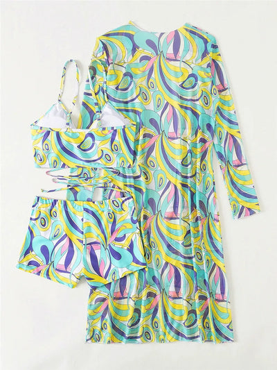Mulonu® 2024 Bikini Set: Push Up Twist Print Swimsuit with Long Sleeve Cover Up