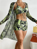 Mulonu® 2024 Bikini Set: Push Up Twist Print Swimsuit with Long Sleeve Cover Up