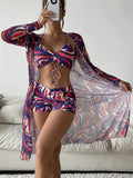 Mulonu® 2024 Bikini Set: Push Up Twist Print Swimsuit with Long Sleeve Cover Up