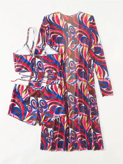 Mulonu® 2024 Bikini Set: Push Up Twist Print Swimsuit with Long Sleeve Cover Up