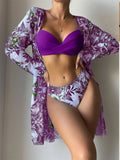 Mulonu® 2024 Bikini Set: Push Up Twist Print Swimsuit with Long Sleeve Cover Up