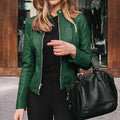 Women's Slim Fit Faux Leather Jacket: Classic Moto Style, Spring/Autumn