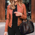 Women's Slim Fit Faux Leather Jacket: Classic Moto Style, Spring/Autumn