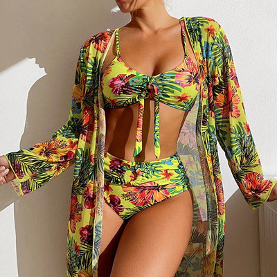 Mulonu® Floral Three-Piece High Waisted Bikini Set 2024: Sexy Swimsuit with Mesh Blouse