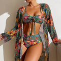 Mulonu® Floral Three-Piece High Waisted Bikini Set 2024: Sexy Swimsuit with Mesh Blouse