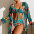 Mulonu® Floral Three-Piece High Waisted Bikini Set 2024: Sexy Swimsuit with Mesh Blouse