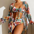 Mulonu® Floral Three-Piece High Waisted Bikini Set 2024: Sexy Swimsuit with Mesh Blouse